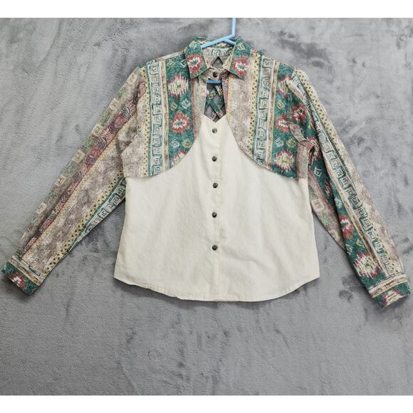 Vintage 80s Circle T Top Womens S Western Rodeo Cowgirl Aztec Button Down Cutout - Picture 1 of 7